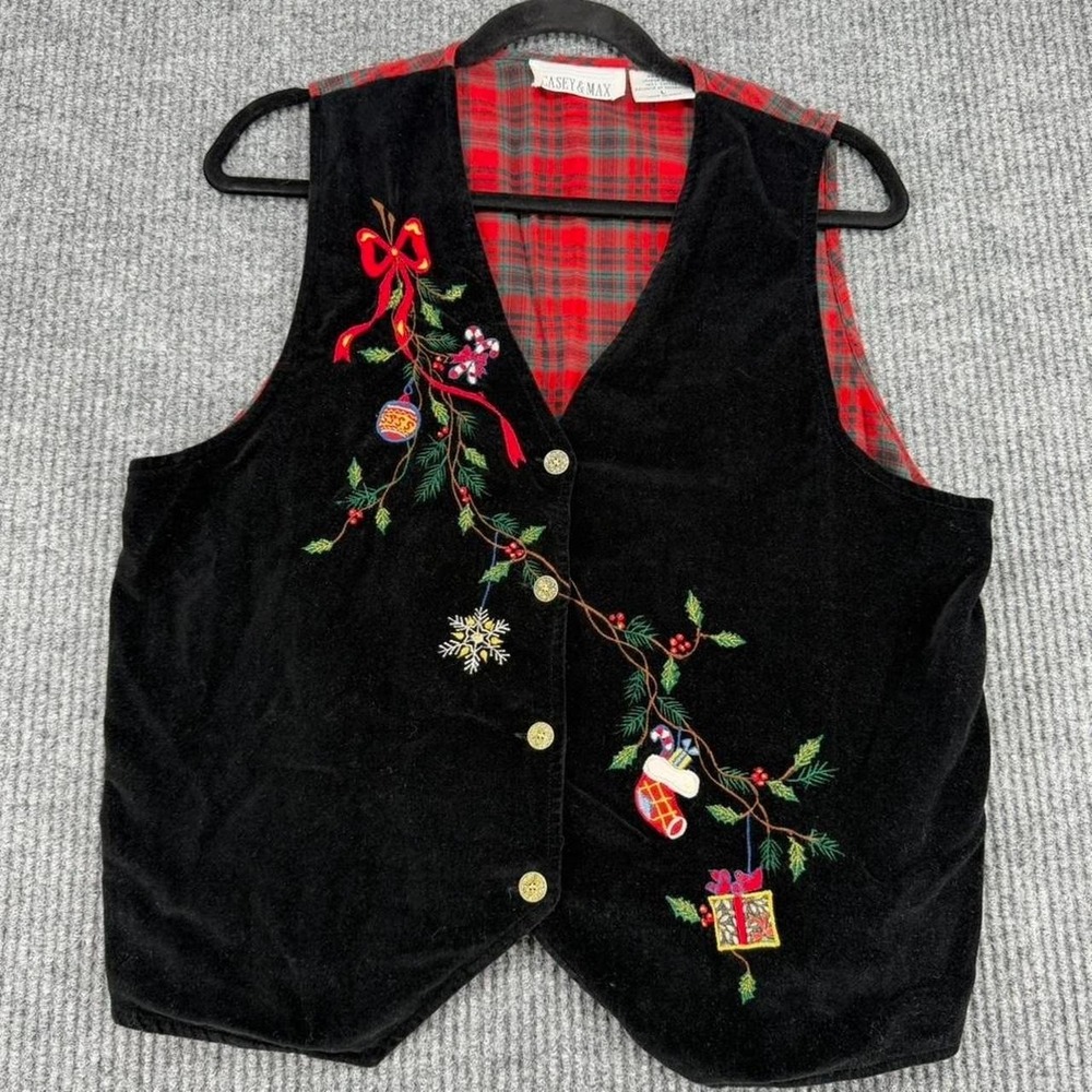 vintage Casey & Max black velvet vest embroidered holiday cottagecore size Large